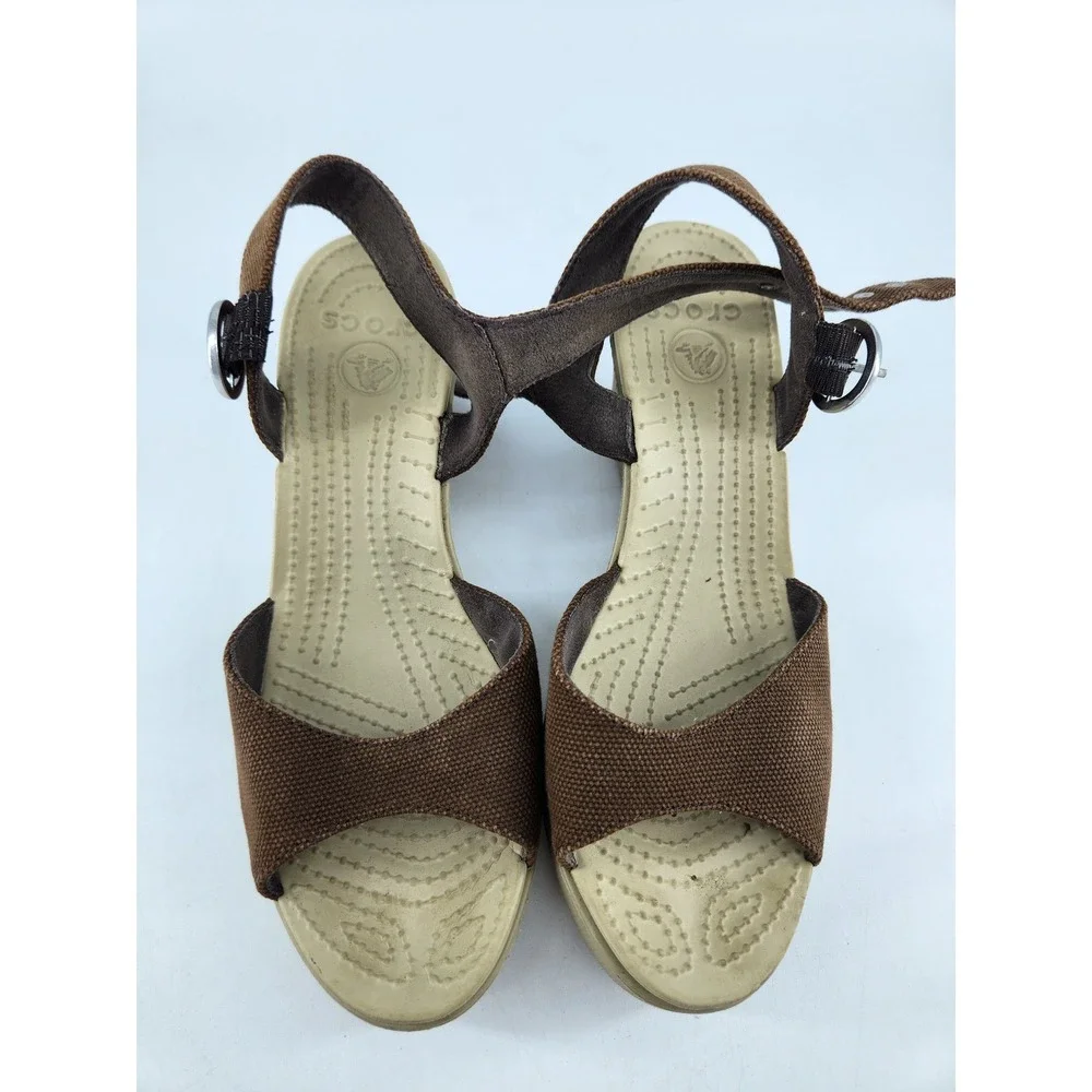 Crocs Hanalei Wedge Sandals Womens 7 Brown Canvas Ankle Strap Platform Peep Toe - Picture 4 of 12